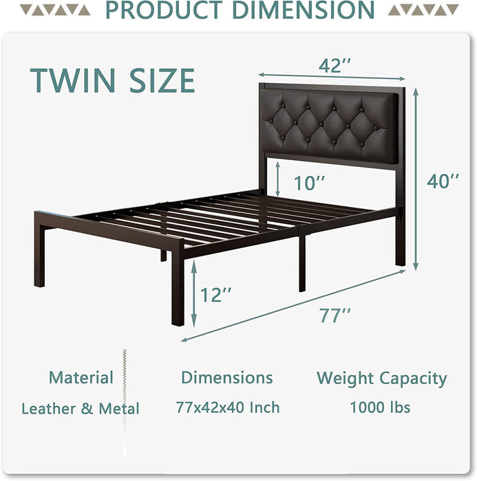 Twin Size Metal Bed Frame, Faux Leather Button Tufted Headboard, Heavy-Duty