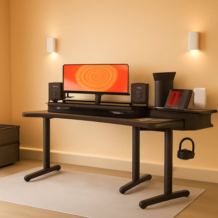 Triple Motor 63″ L Shaped Standing Desk with 3 Drawers, Electric, Black Frame/Black Walnut Top