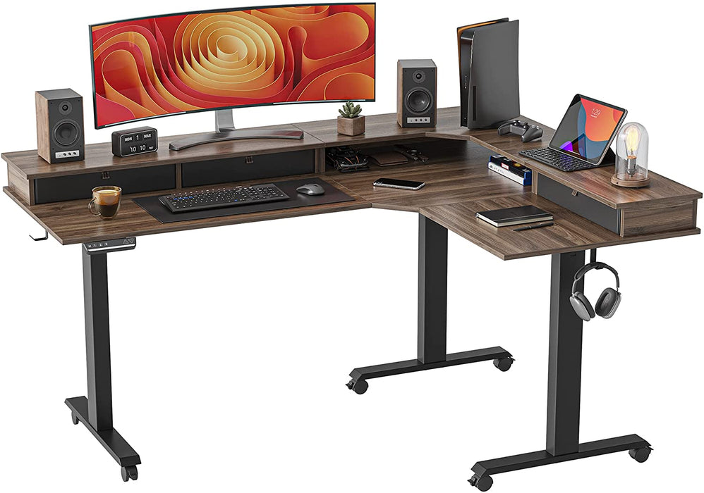 Triple Motor 63″ L Shaped Standing Desk with 3 Drawers, Electric, Black Frame/Black Walnut Top