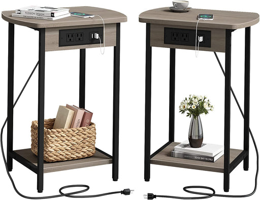 Greige End Tables with Charging Station Set of 2