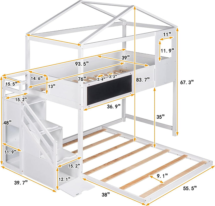 House Bunk Bed Twin over Full, Storage Staircase, Blackboard