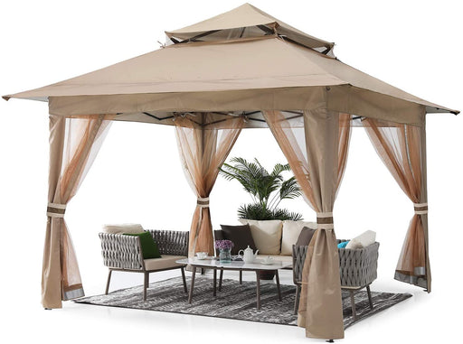 Pop up Gazebo 13X13 - Outdoor Canopy Tent with Mosquito Netting for Patio Garden Backyard (Khaki)