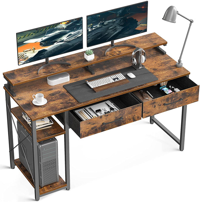 Rustic Brown Computer Desk with Drawers & Shelves