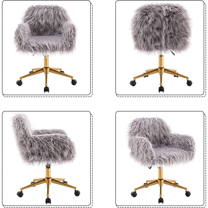 Gray Faux Fur Swivel Chair for Home Office