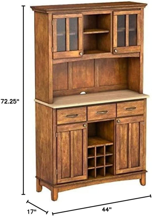 Cottage Oak Buffet Server with Wood Top, Drawers, and Wine Rack