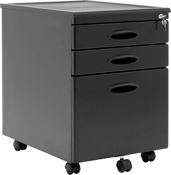 Black 3-Drawer Mobile File Cabinet with Lock