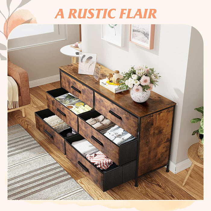 Fabric Double Dresser with 6 Drawers, Rustic Brown