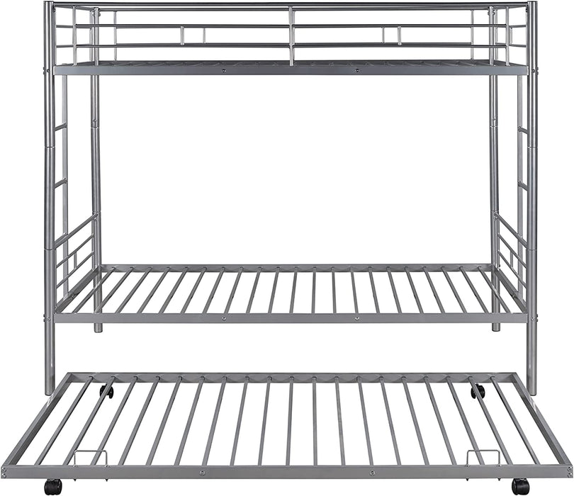 Twin over Twin Metal Bunk Bed W/ Trundle, Silver