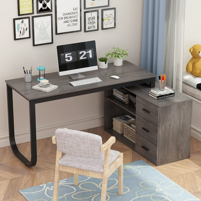 Home Office Corner Desk, Large with Drawers, Gray