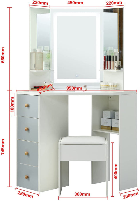 White Vanity Set with Three-Fold Mirrors LED Touch Mirror