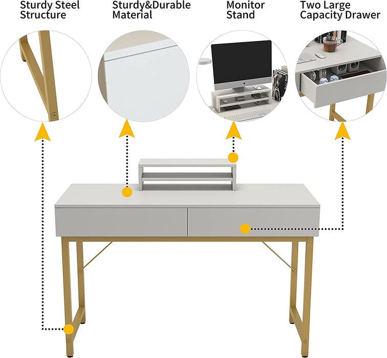 White Home Office Desk with Drawer and Monitor Stand