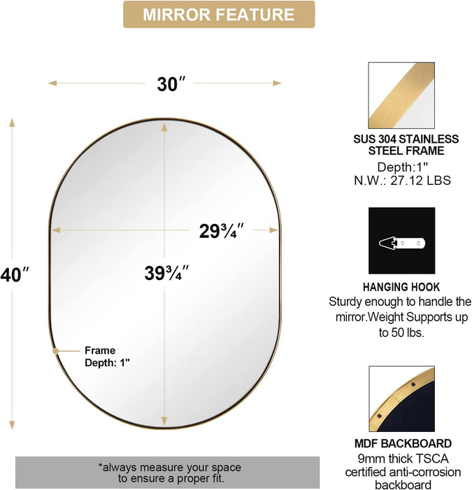 30X40'' Gold Oval Mirror, Brushed Brass Bathroom Mirrors, Brass Oval Mirrors, Oval Vantiy Mirror Pill Shaped Mirror in Stainless Steel 1’’ Deep Wall Mounted Vertically & Horizontally