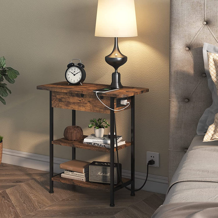 End Table with Charging Station, Flip Top Side Table for Small Spaces, Brown