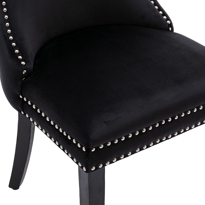 Set of 2 Black Velvet Tufted Upholstered Dining Wingback High-End Chairs, Nailhead, Solid Wood Legs