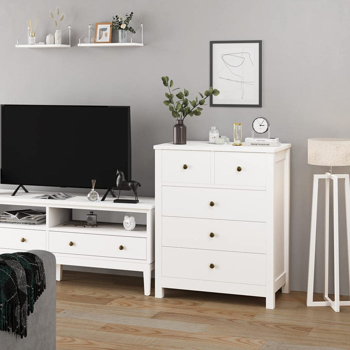 White Wood Nightstand with 5 Drawers