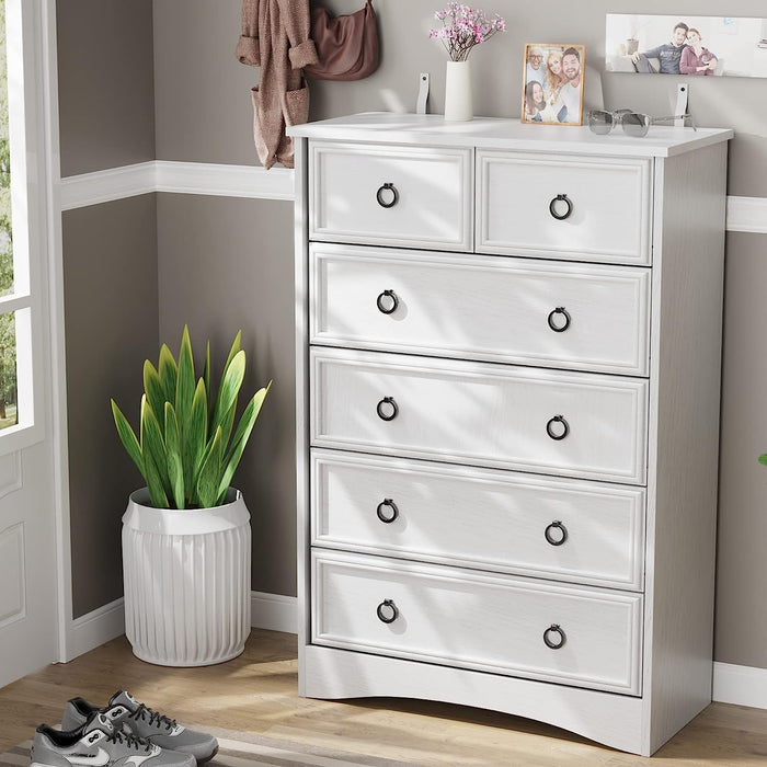 White 6 Drawer Dresser with Textured Borders