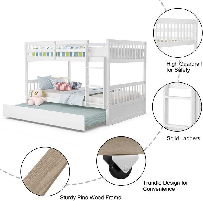 Full over Full Wooden Bunk Bed W/ Trundle, White