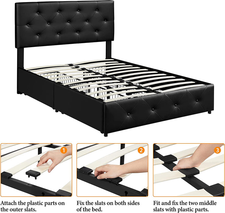 Black Full Size Upholstered Platform Bed with Drawers