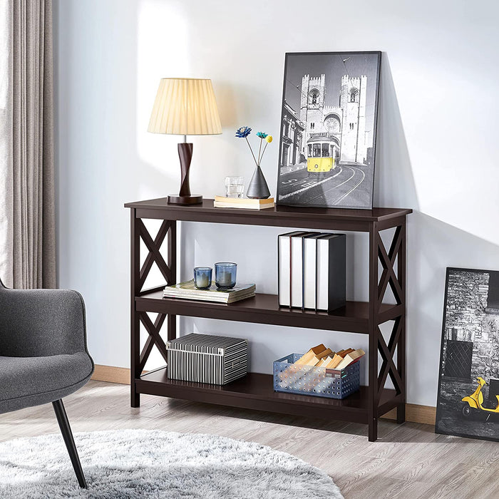 3-Tier Espresso Console Table with Storage Shelves