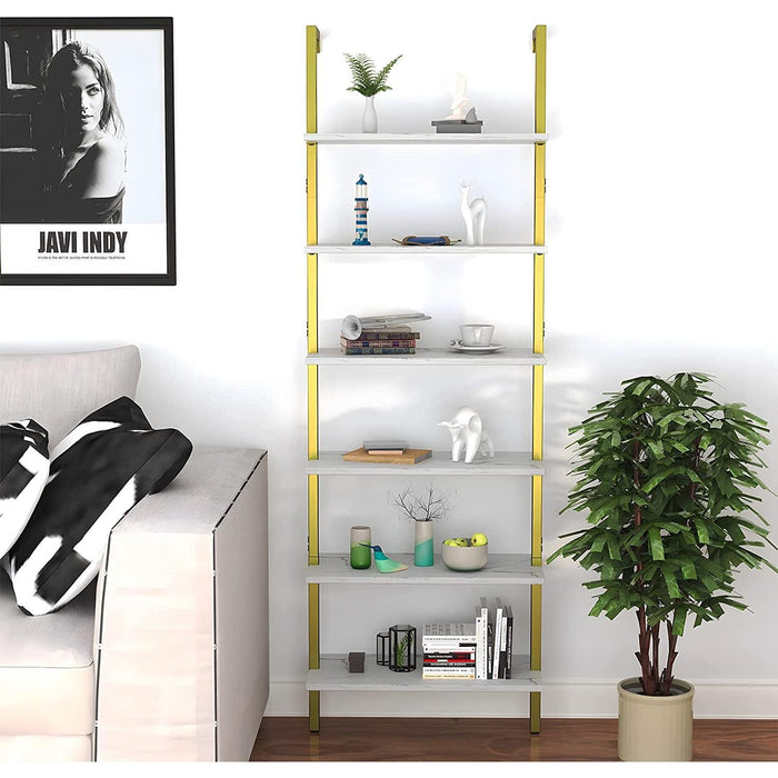 Marble White 6-Tier Ladder Shelf Bookcase