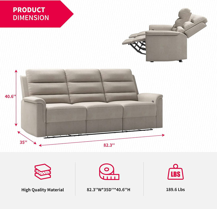 Reclining Sofa, Sofa Recliner with 2 Cup Holders, 3-Seater with Flipped Middle Backrest, Theater Seating Furniture (Beige)