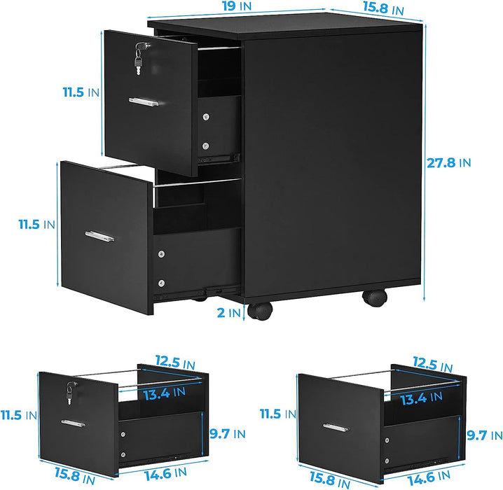 Black Wooden 2-Drawer Rolling File Cabinet with Lock