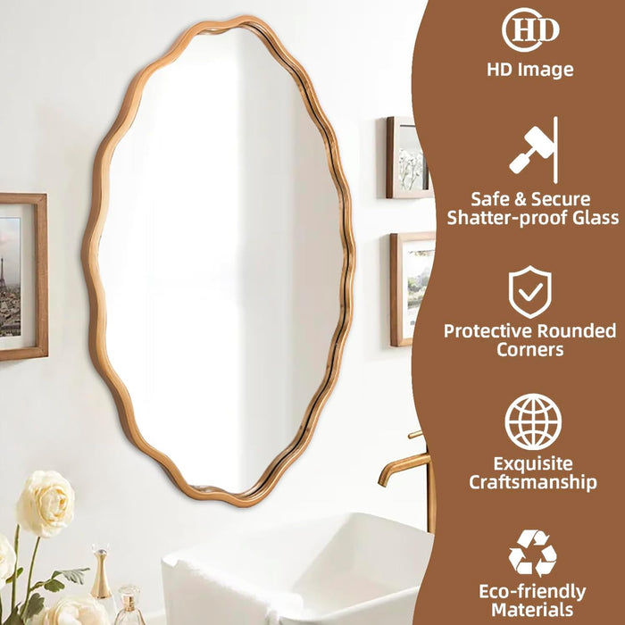 24 * 36 Inch Brushed Gold Oval Ripple Bathroom Mirror Wall Mounted Large Modern Countryside Suitable for Washroom, Bedroom, Living Room, Entryway