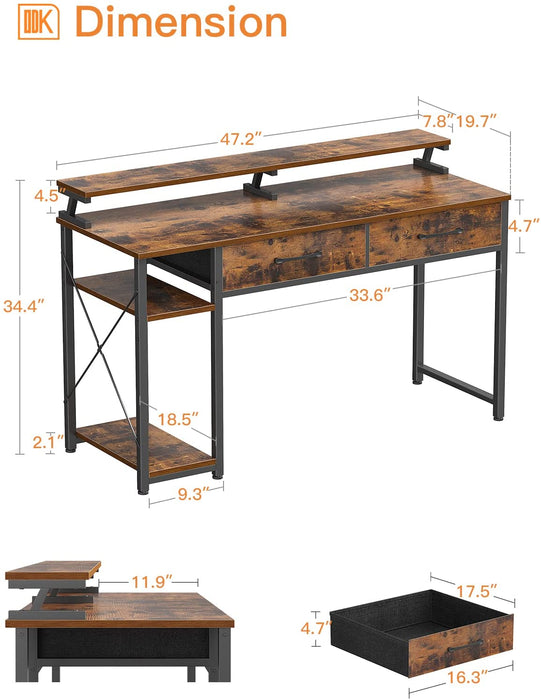 Rustic Brown Computer Desk with Drawers & Shelves