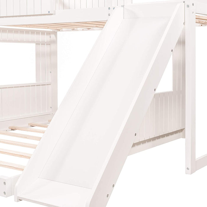 Wooden Twin over Full Bunk Bed with Slide and Playhouse, White
