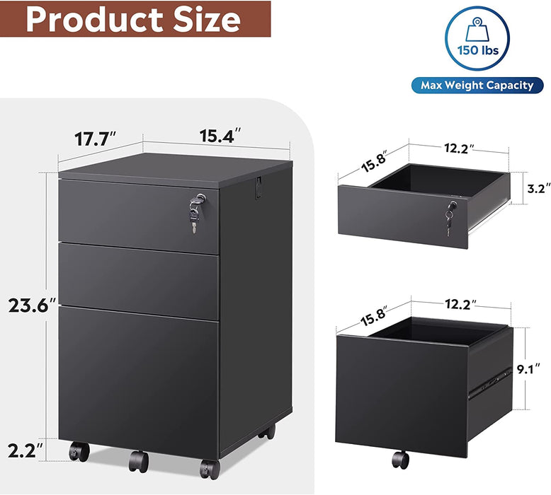 Black Rolling File Cabinet for Home Office