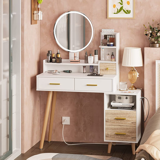 White Vanity Desk with Mirror, Lights, and Charging Station