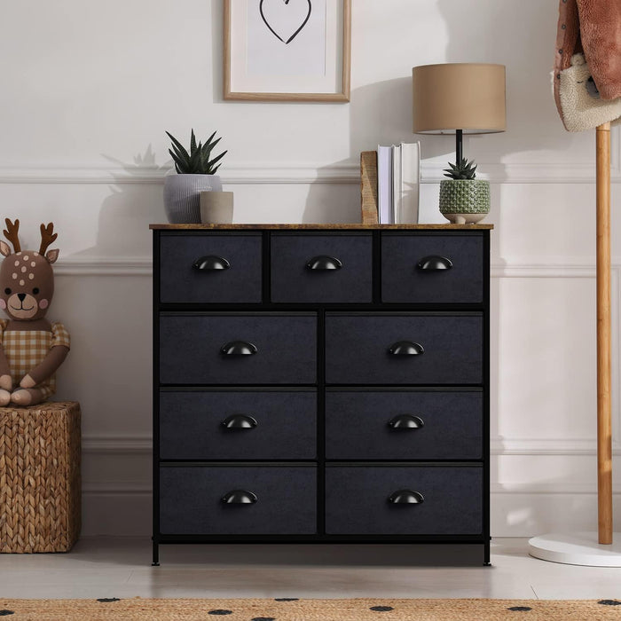 Steel & Wood 9-Drawer Dresser with Black/Wood Bins