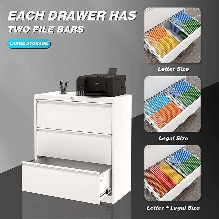 White 3-Drawer Lockable File Cabinet for Office/Home