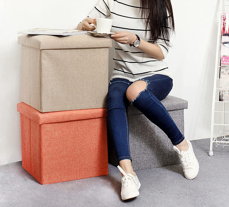 Linen Blue Ottoman Cube with Storage and Seat