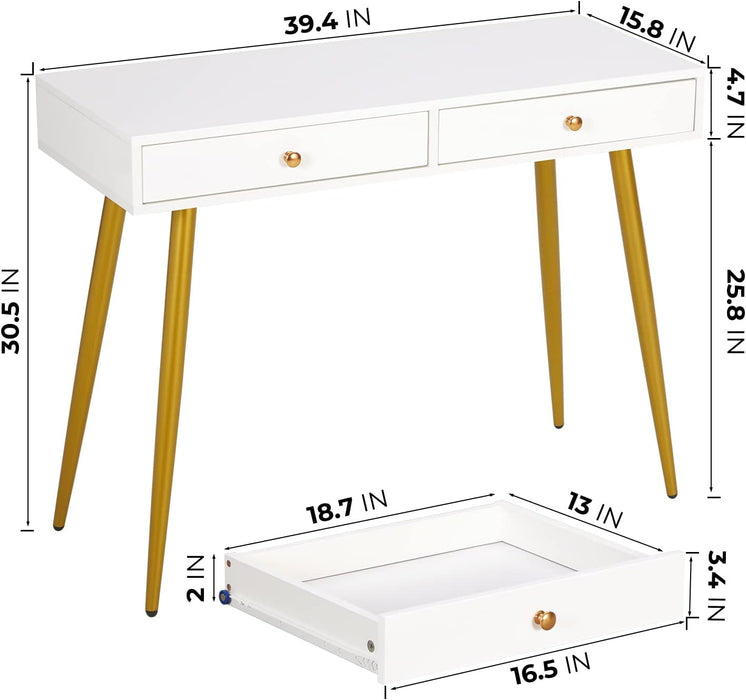 Glossy Top White and Gold 2-Drawer Vanity Desk