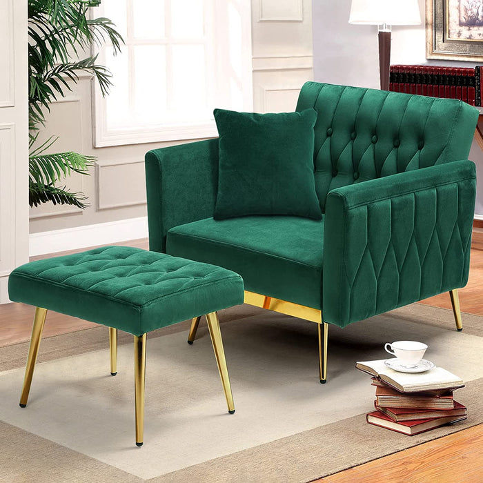 Green Velvet Recliner Chair with Ottoman and Pillow