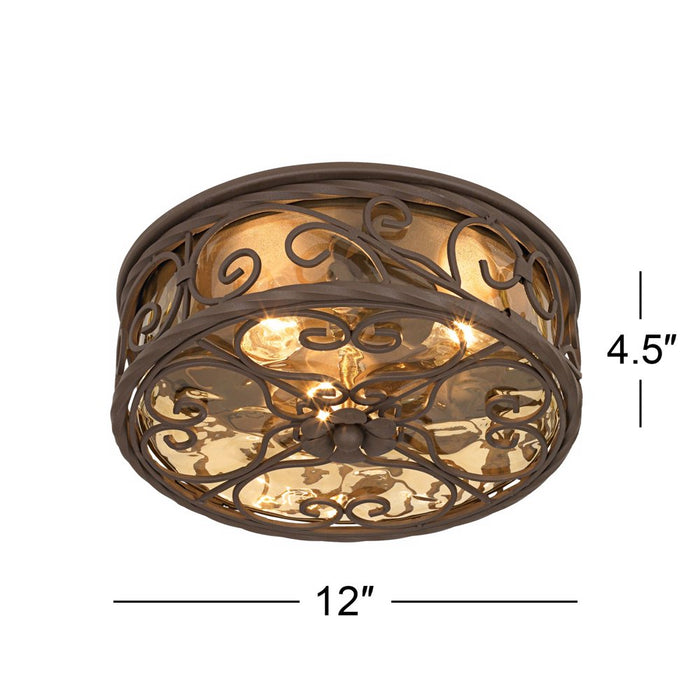 Rustic Flush Mount Outdoor Ceiling Light Fixture Dark Walnut Iron Scroll 12" Champagne Water Glass Damp Rated for Patio Porch