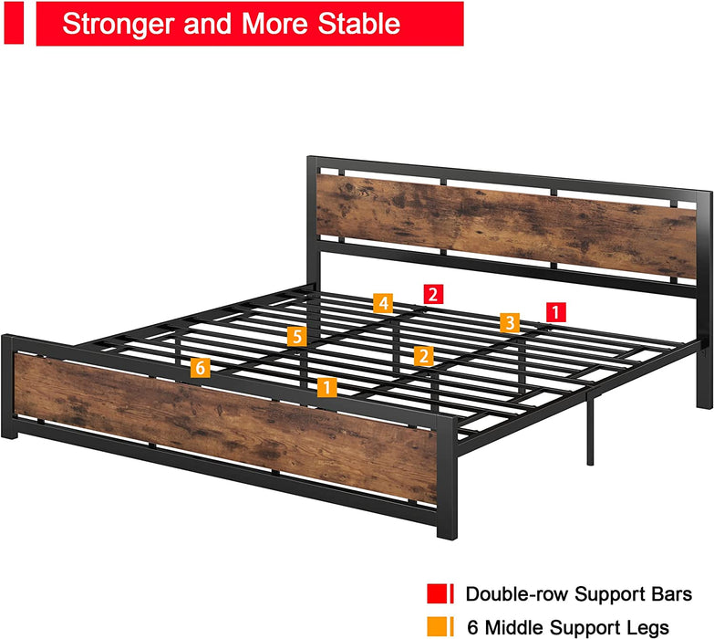 King Industrial Wood Headboard Platform Bed Frame