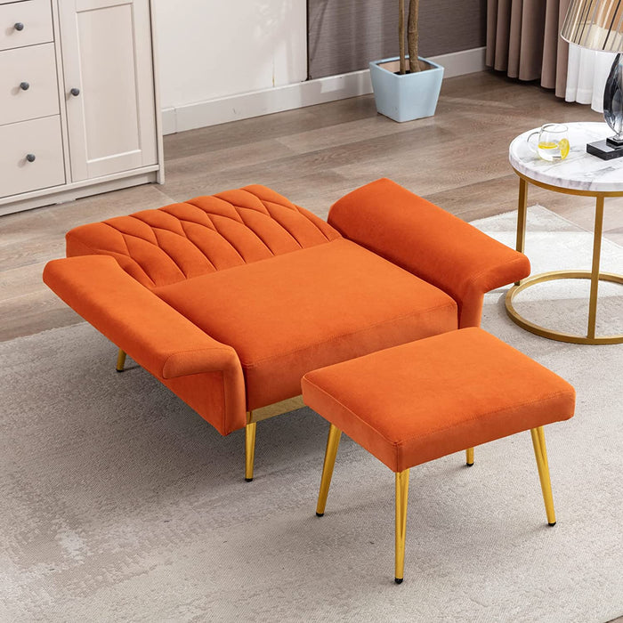 Orange Velvet Chair with Ottoman and Armrests