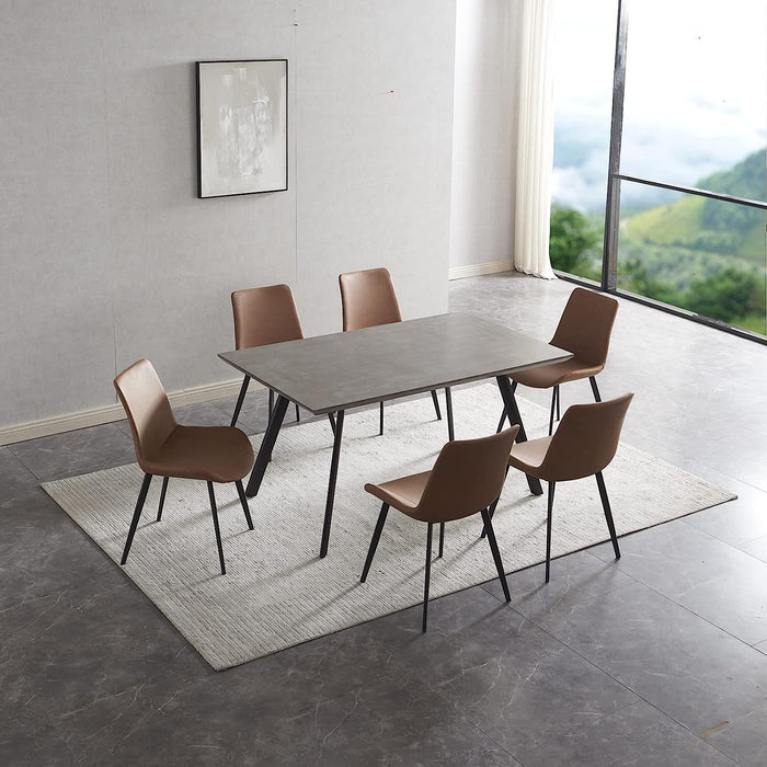 Mid-Century Solid Wood Rectangular Table Set for 6 with Leather Chairs