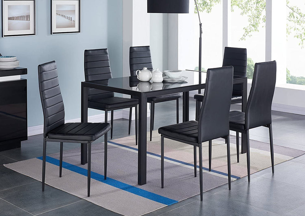7-Piece Black Dining Set, Glass Top Table, 6 Chairs