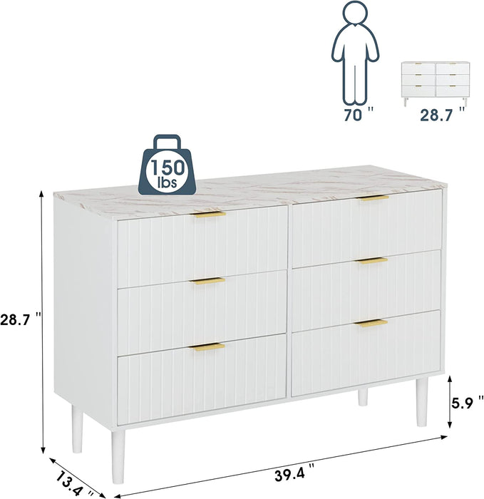 White 6 Drawer Double Dresser, Imitation Marble Texture