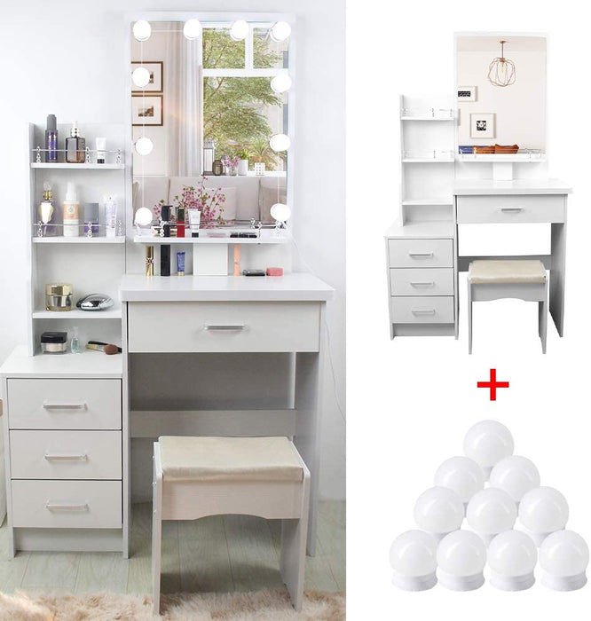 White Vanity Set with Cushioned Stool and Drawers