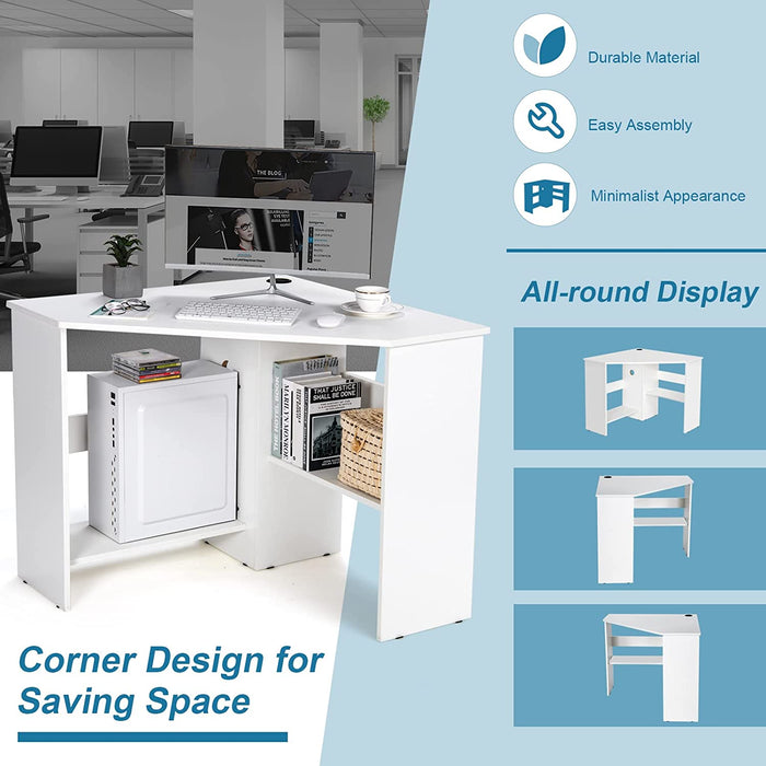 Compact White Corner Desk with Storage Shelves