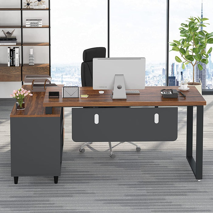 Executive L-Shaped Desk W/ Cabinet Shelves