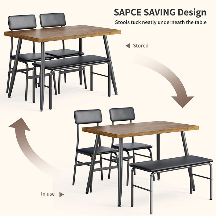 Retro Brown Dining Table Set for 4 with Bench