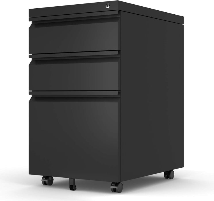 Black 3-Drawer Mobile File Cabinet with Lock