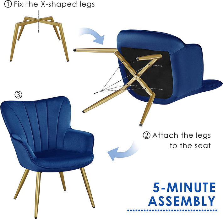 Modern Blue Velvet Wingback Chair with Metal Legs