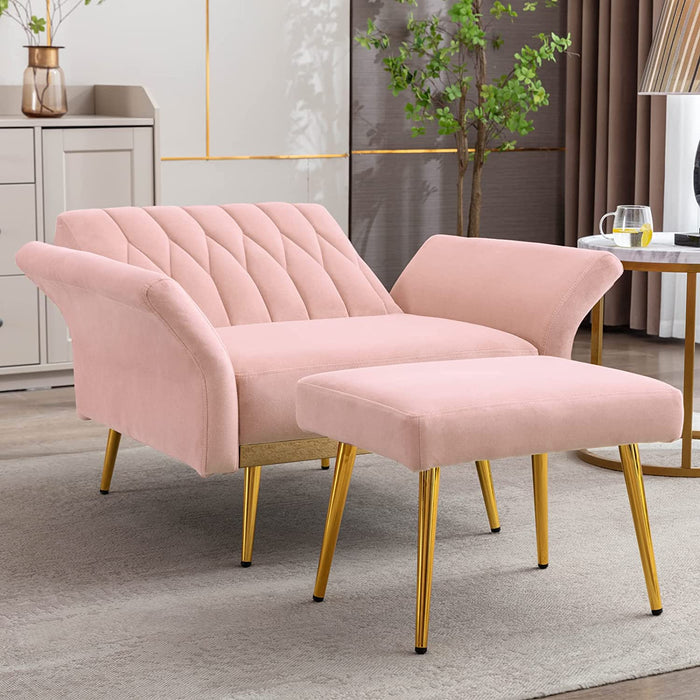 Pink Velvet Chair with Ottoman and Armrests