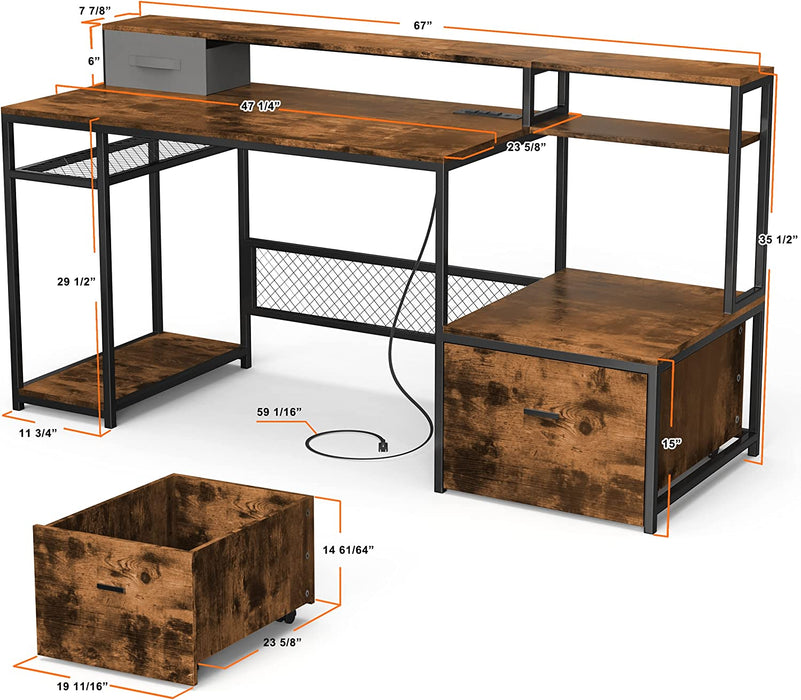 Large Desk with Monitor Stand, Rustic Brown